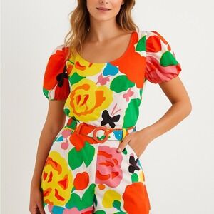 Colorful Floral Puff Sleeve Romper